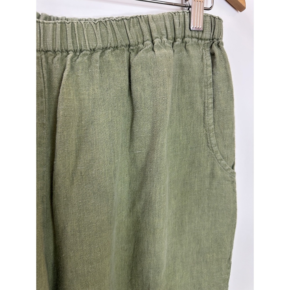 Flax 100% Linen Crop Pants Wide Leg Elastic Waist Faded Green Medium Lagonlook - Picture 6 of 15